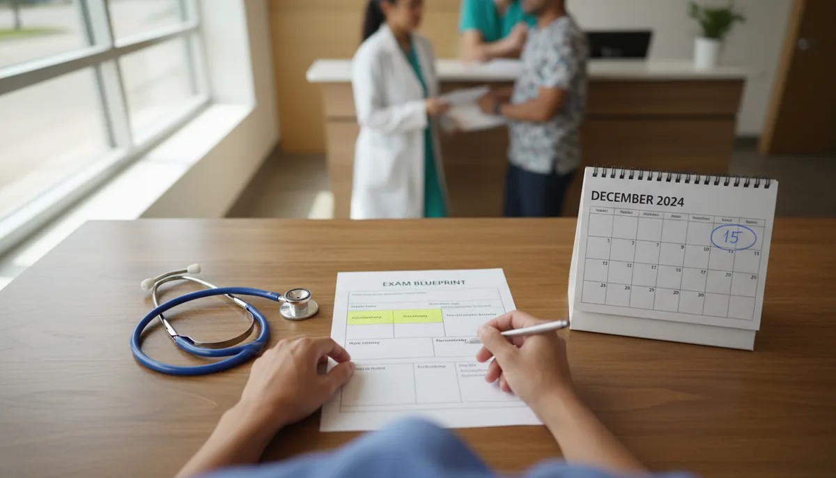 An overhead view of a desk with a printed exam blueprint, a highlighter, a calendar turned to December and a stethoscope
