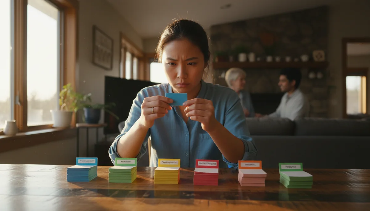 A nursing student reviewing category-tagged flashcards laid out in five stacks on a kitchen table in the evening