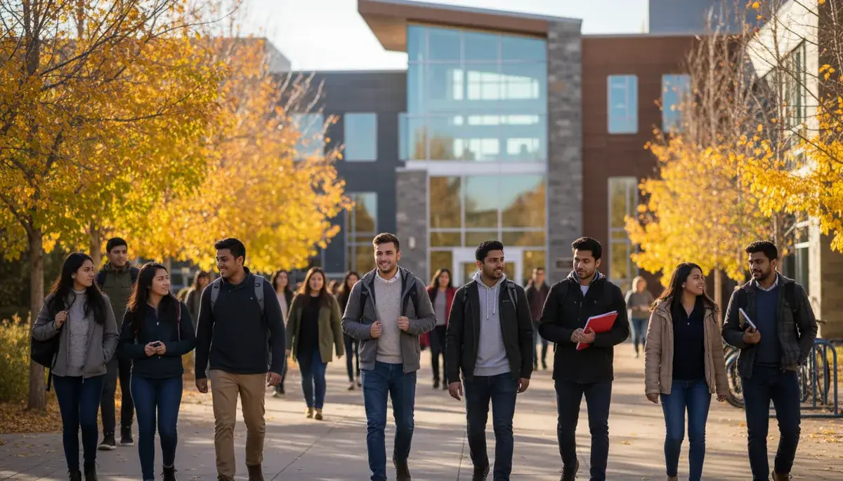 A university campus in Alberta in early autumn with students walking and a health sciences building in the background