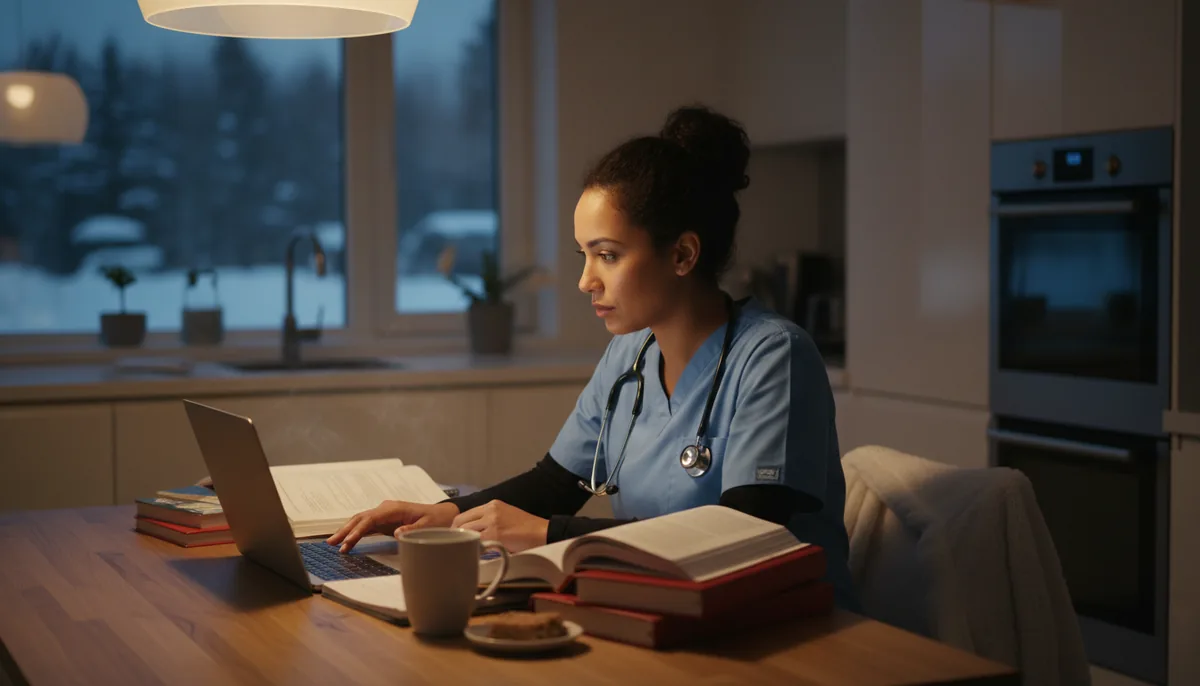 A working LPN studying at a laptop late in the evening at a kitchen table, still in uniform, with textbooks and coffee