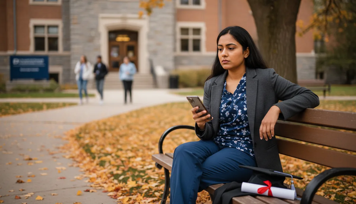 A practical nursing graduate sitting alone on a bench outside an Alberta college on an overcast autumn day, phone in hand