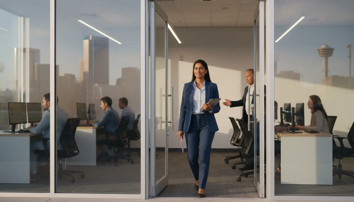 A confident nursing candidate walking into a modern testing environment through glass doors in morning light