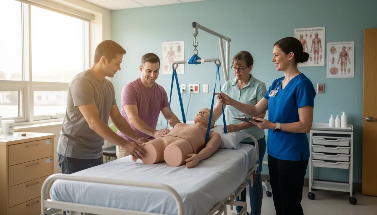 Adult learners in a health care aide classroom practising transfers with a mannequin and a mechanical lift while an instructor guides
