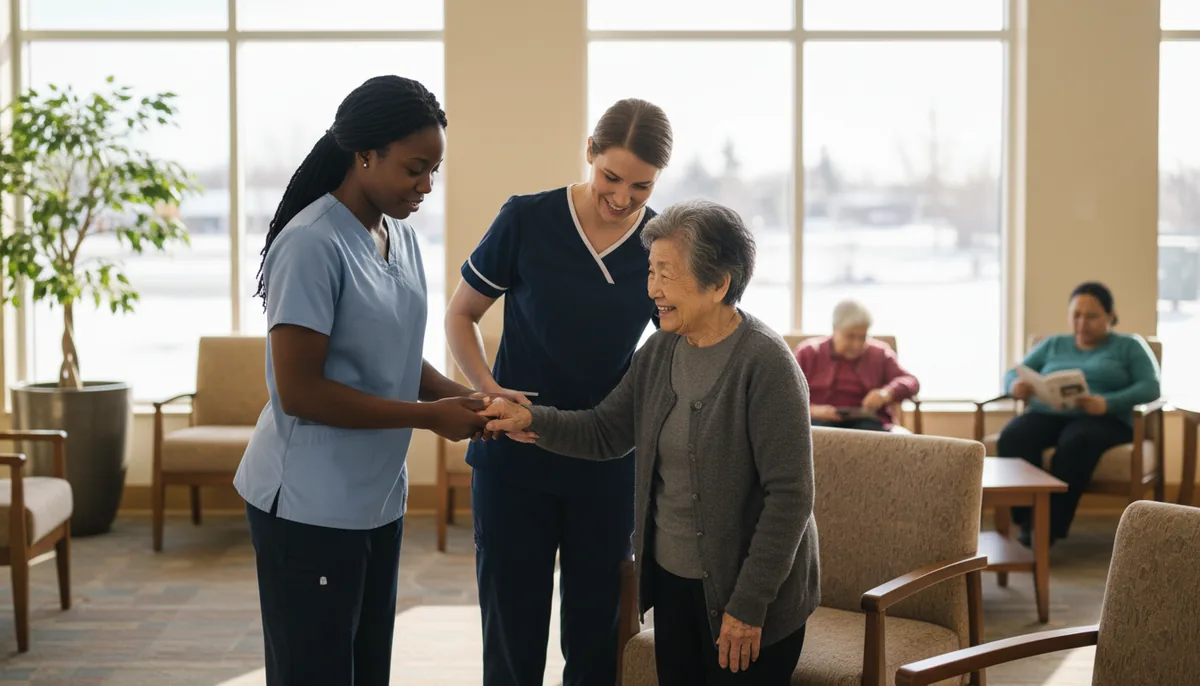 A health care aide and a licensed practical nurse side by side helping a resident stand in a bright Alberta long-term care lounge