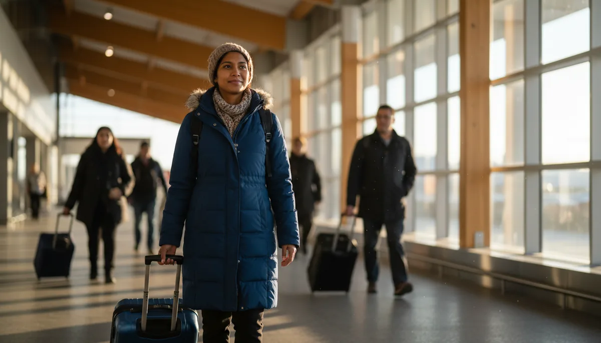 An internationally educated nurse in a winter coat arriving at Calgary International Airport with luggage, hopeful, in morning light