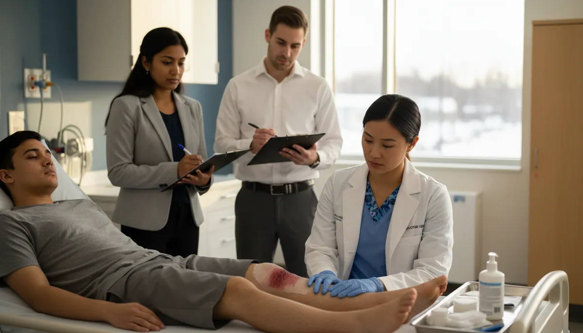 A nurse in scrubs performing a wound-care assessment on a simulated patient in a college assessment lab while two evaluators observe