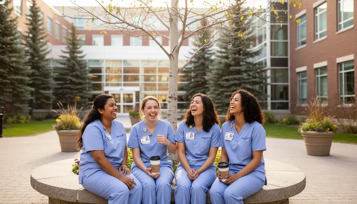 A diverse group of newly registered nurses in scrubs laughing together on a break in an Alberta hospital courtyard