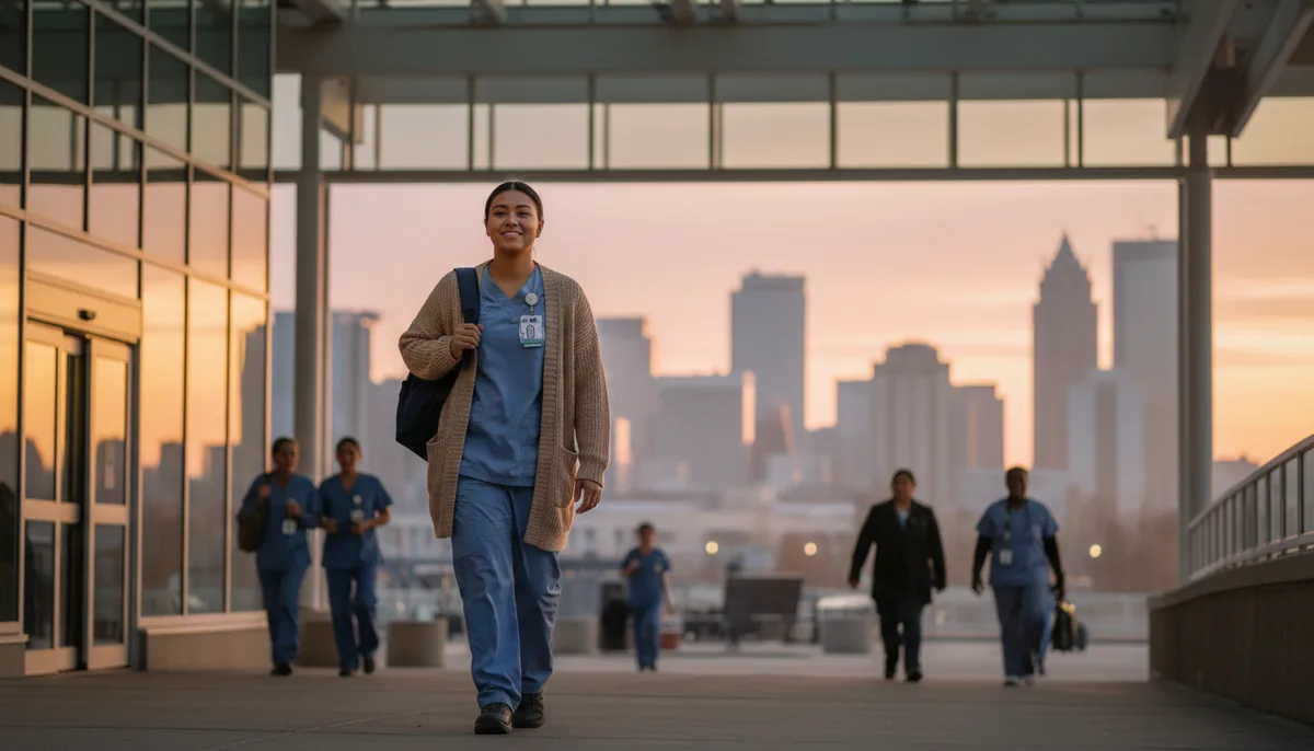 A young LPN walking through the main entrance of a large Alberta hospital at dawn with a backpack over one shoulder