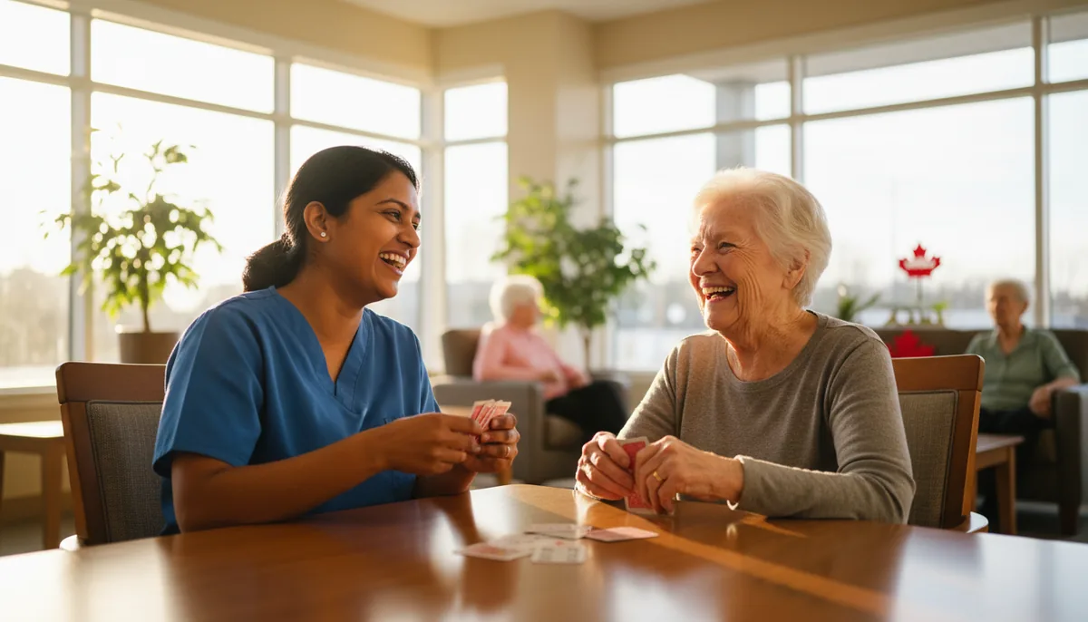 A practical nurse laughing with an elderly resident over a card game in a sunlit long-term care common room