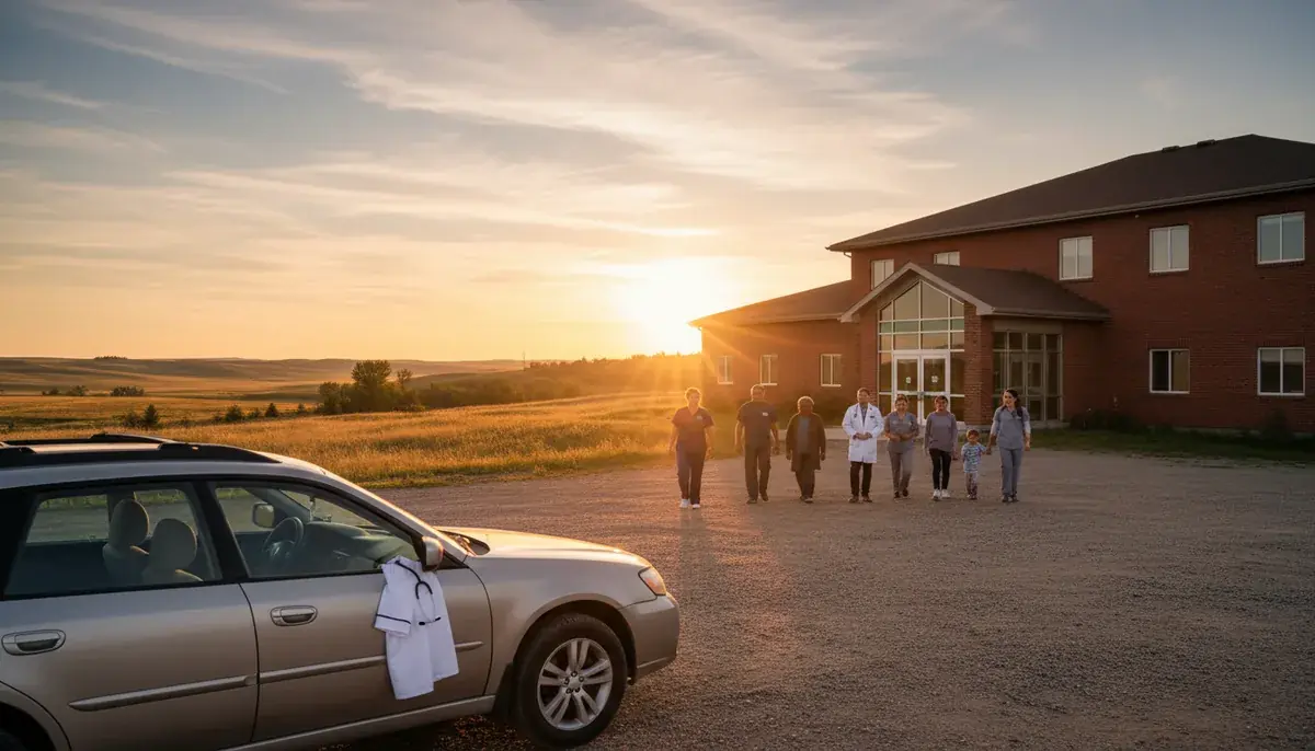 A small-town Alberta hospital on the prairie at sunrise with a nurse's car parked out front under a wide sky