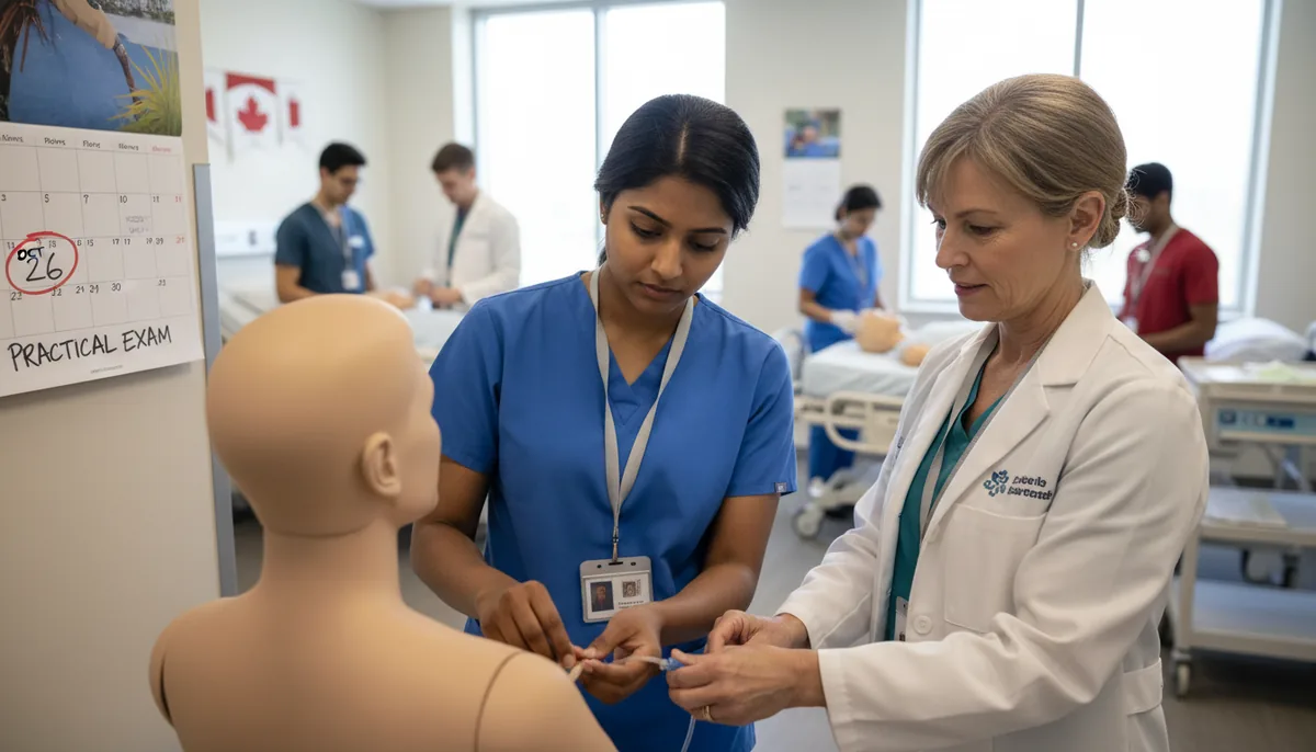 A newly graduated practical nurse practising in a college skills lab with a mannequin while an instructor watches, an exam date circled on the wall calendar