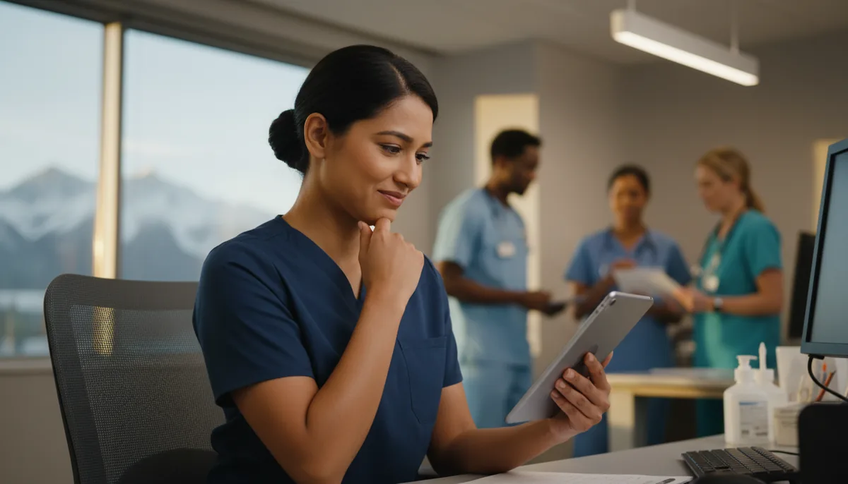 A licensed practical nurse reading a pay statement at an Alberta hospital nursing station