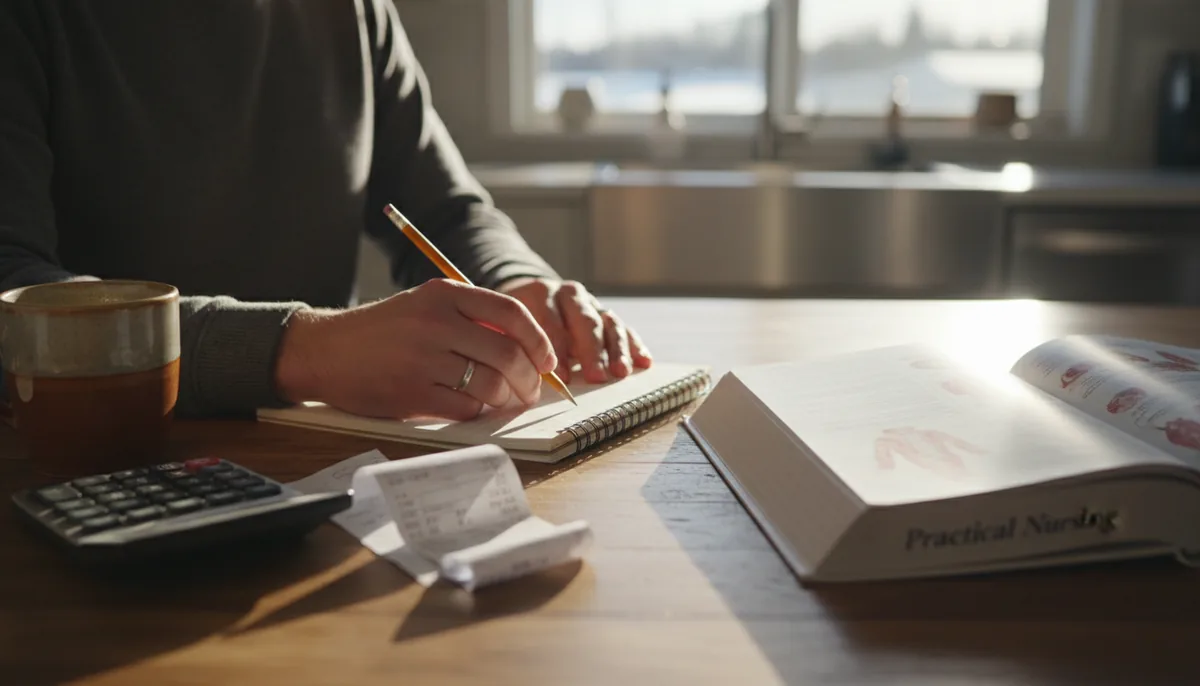 A kitchen table with a calculator, a printed pay stub, a coffee mug and a practical nursing textbook, a student working the numbers on a notepad