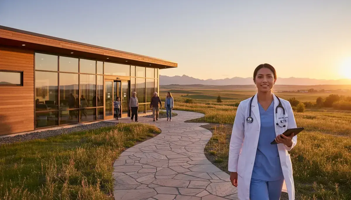 A modern rural Alberta health centre at golden hour with prairie and foothills behind it, a nurse walking toward the entrance