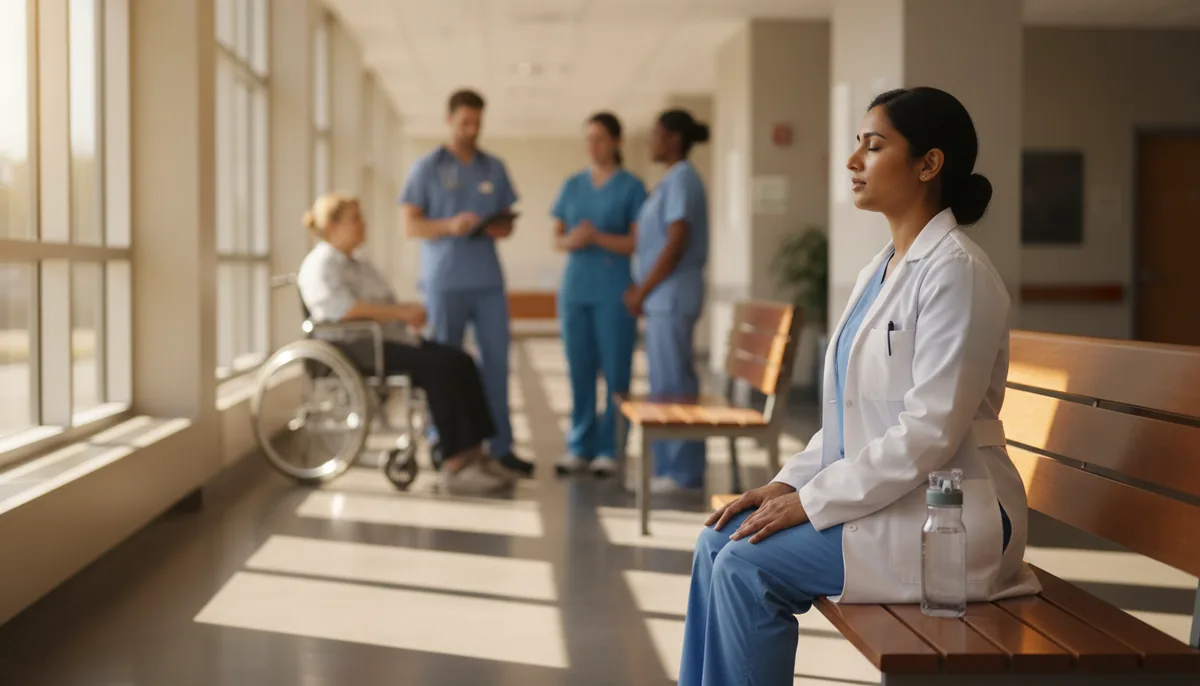 A nursing student doing slow breathing on a bench in a quiet corridor before an exam, water bottle beside her, calm morning light