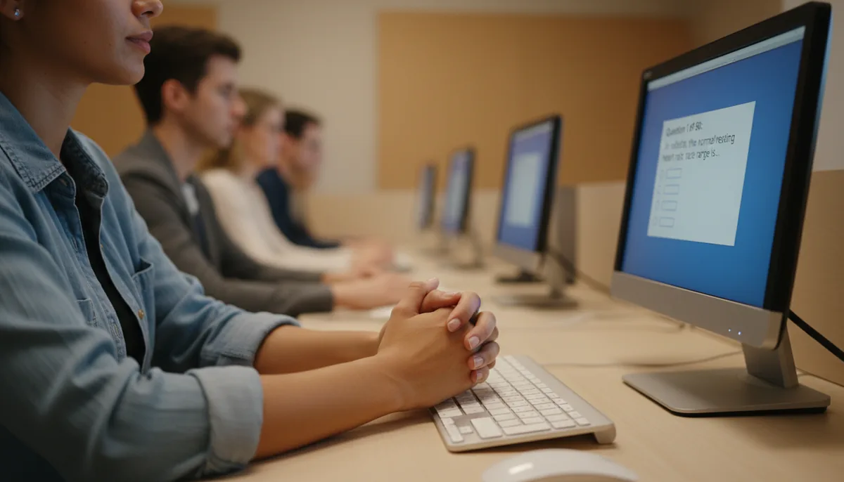 Close-up of a nervous candidate's hands hovering over a keyboard at a computer-based exam workstation in the glow of the screen