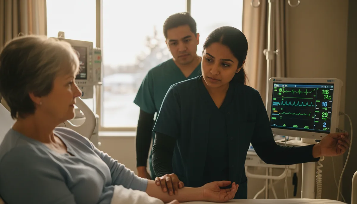 A nurse at a bedside taking a patient's pulse while a monitor shows vital signs, deciding what to do first