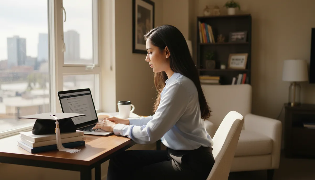 A new graduate nurse at a laptop submitting an online application, graduation cap on the desk beside her, in a sunlit Edmonton apartment