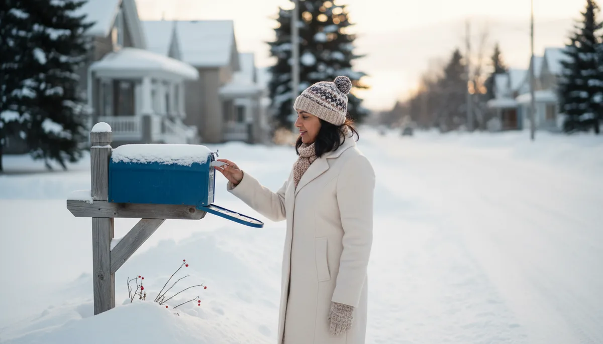 A person checking a mailbox on a snowy Alberta street, waiting for a letter, in soft winter light