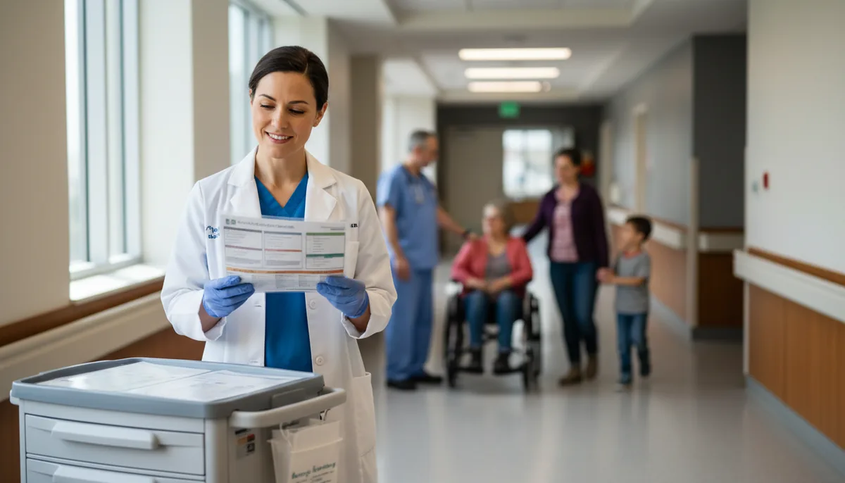 A licensed practical nurse at a medication cart in an Alberta hospital corridor pausing to check a laminated decision guide