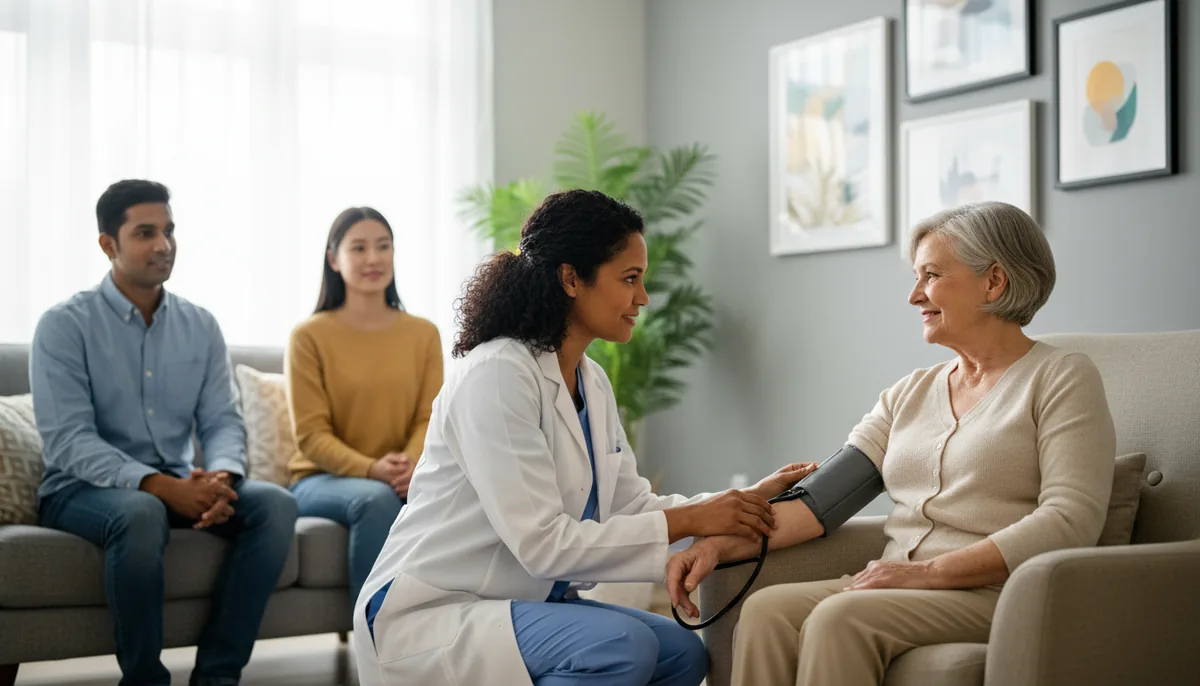 A practical nurse kneeling beside an elderly client in a bright home-care living room, checking a blood pressure cuff