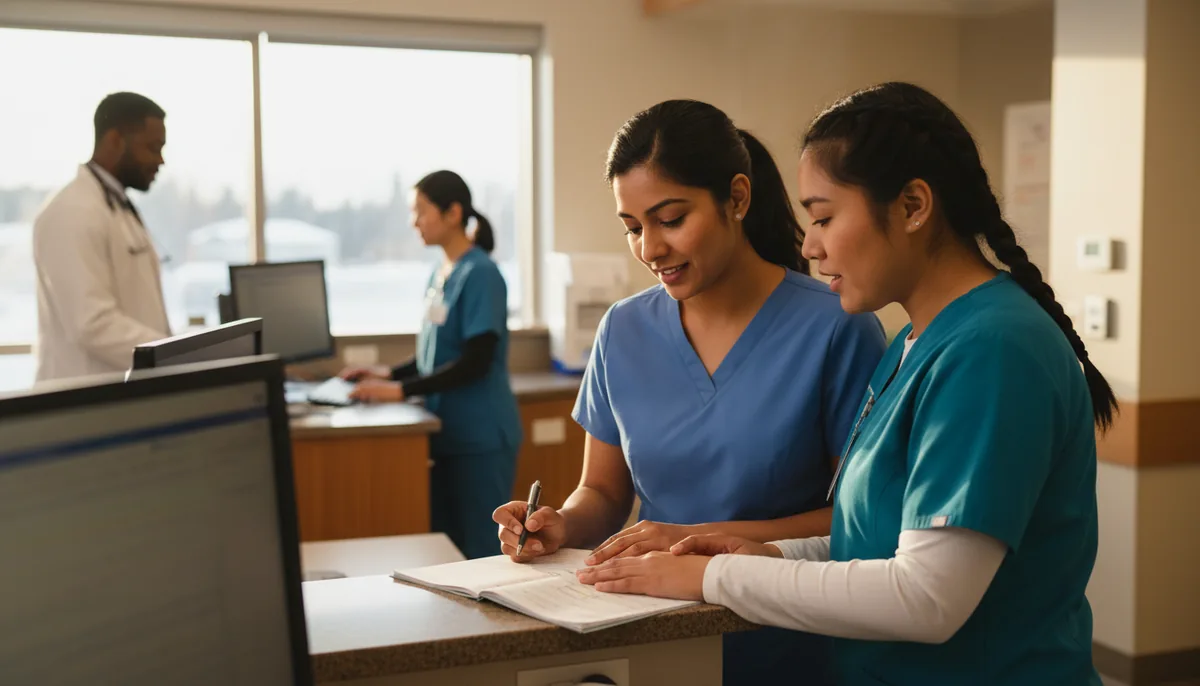 An LPN and a registered nurse conferring at a nursing station over a patient chart in an Alberta hospital
