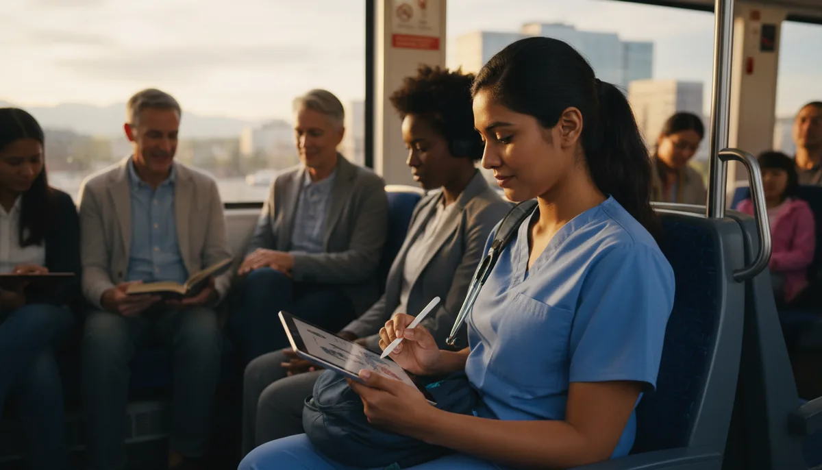 A nursing student reviewing notes on a tablet on a Calgary CTrain in the morning among commuters