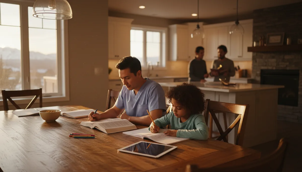 A parent in scrubs studying at a dining table while a child does homework beside them in a warm evening kitchen