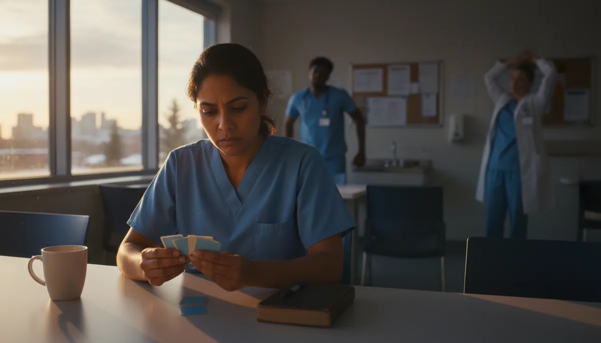 A tired but focused practical nurse studying flashcards in a hospital break room at the end of a night shift as dawn light comes through the window