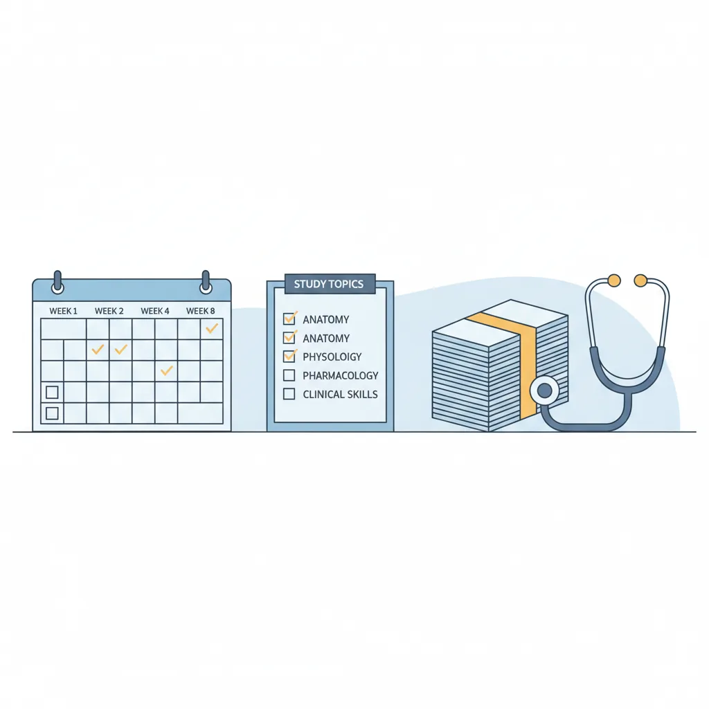 A study calendar and checklist beside study cards and a stethoscope, representing an eight-week CPNRE study plan