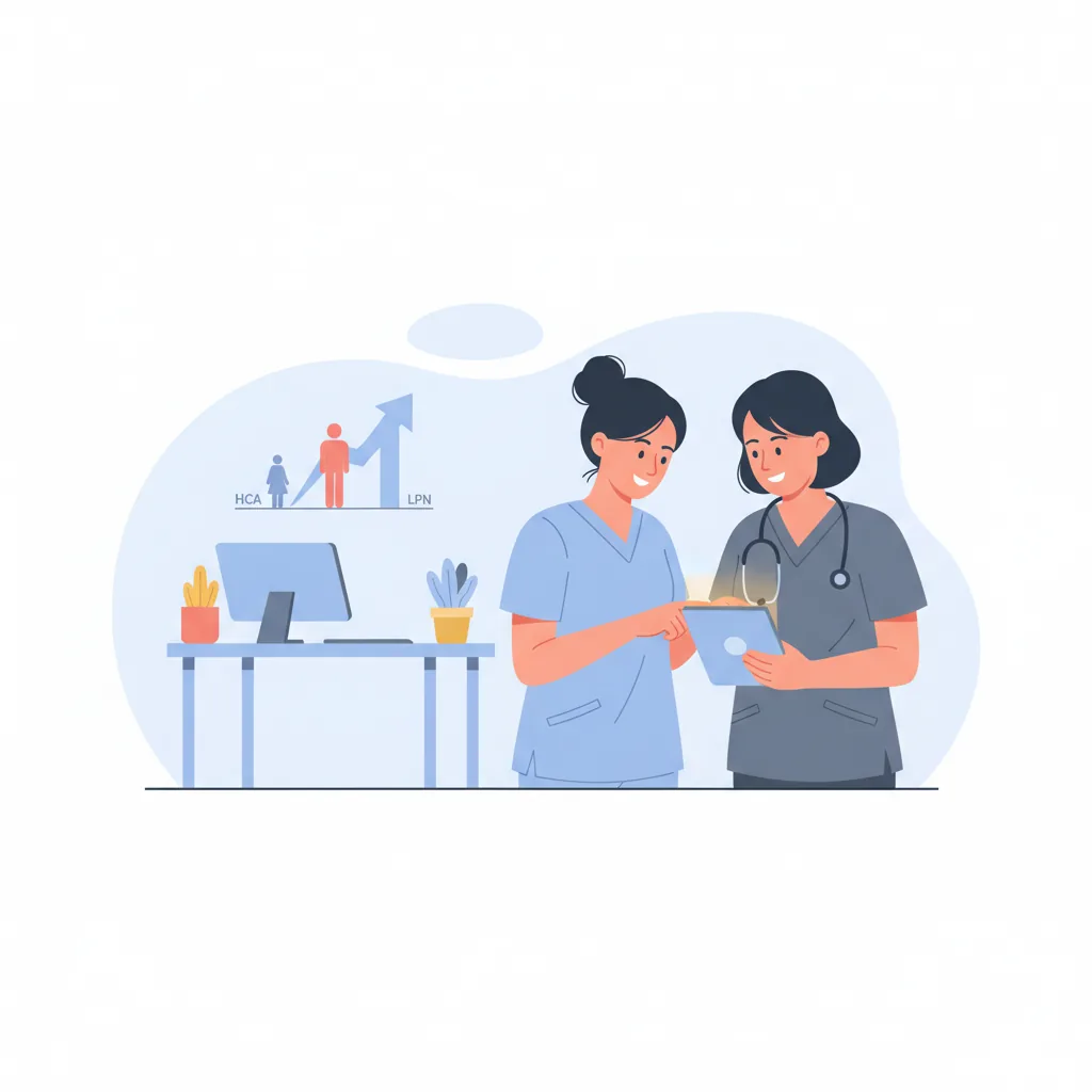 A health care aide and a licensed practical nurse reviewing a chart together, representing the HCA to LPN career ladder