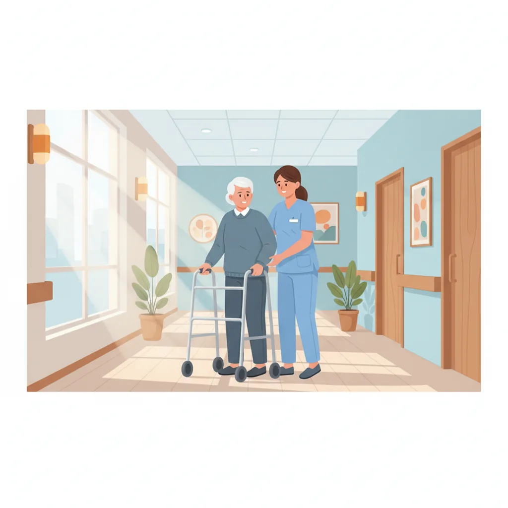 A health care aide assisting an elderly person with a walker in a bright care-home corridor in Alberta