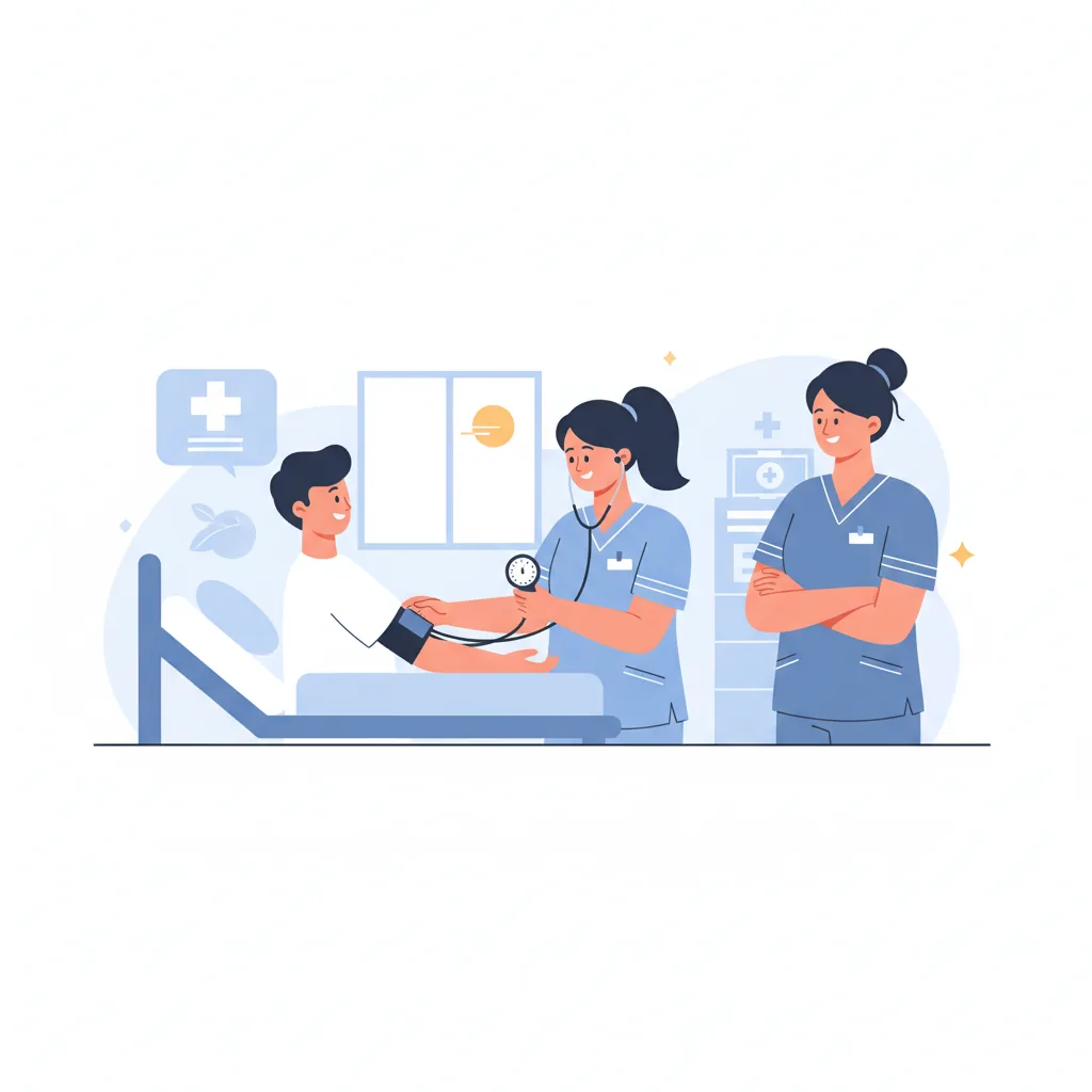 A practical nursing student on clinical placement taking a patient's blood pressure while a preceptor nurse observes