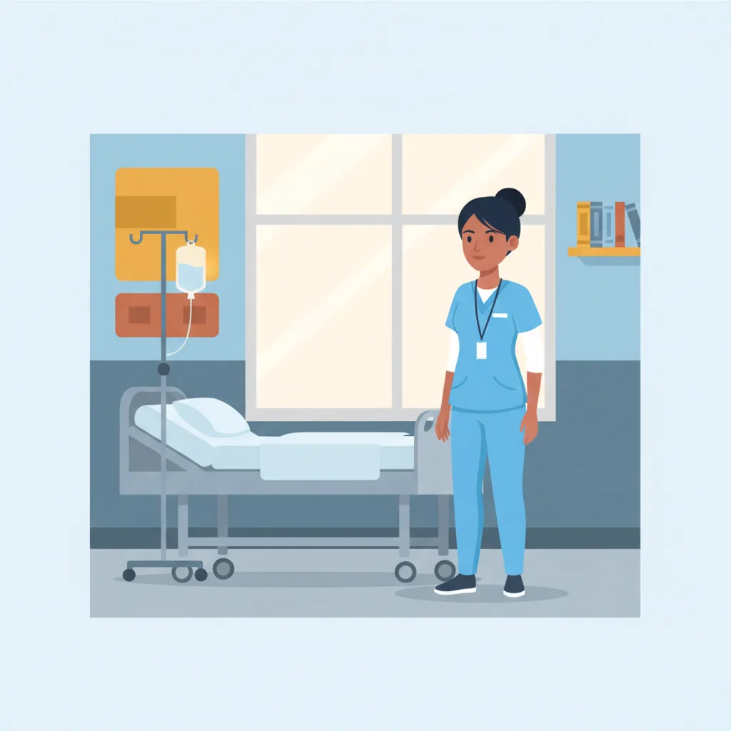 A practical nursing student in scrubs in a bright Alberta college skills lab with a hospital bed and IV pole